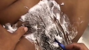 Slender dark teen with perky little milk cans gets shaved and drilled