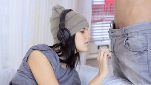 Slim busty brunette listens to music while property fucked